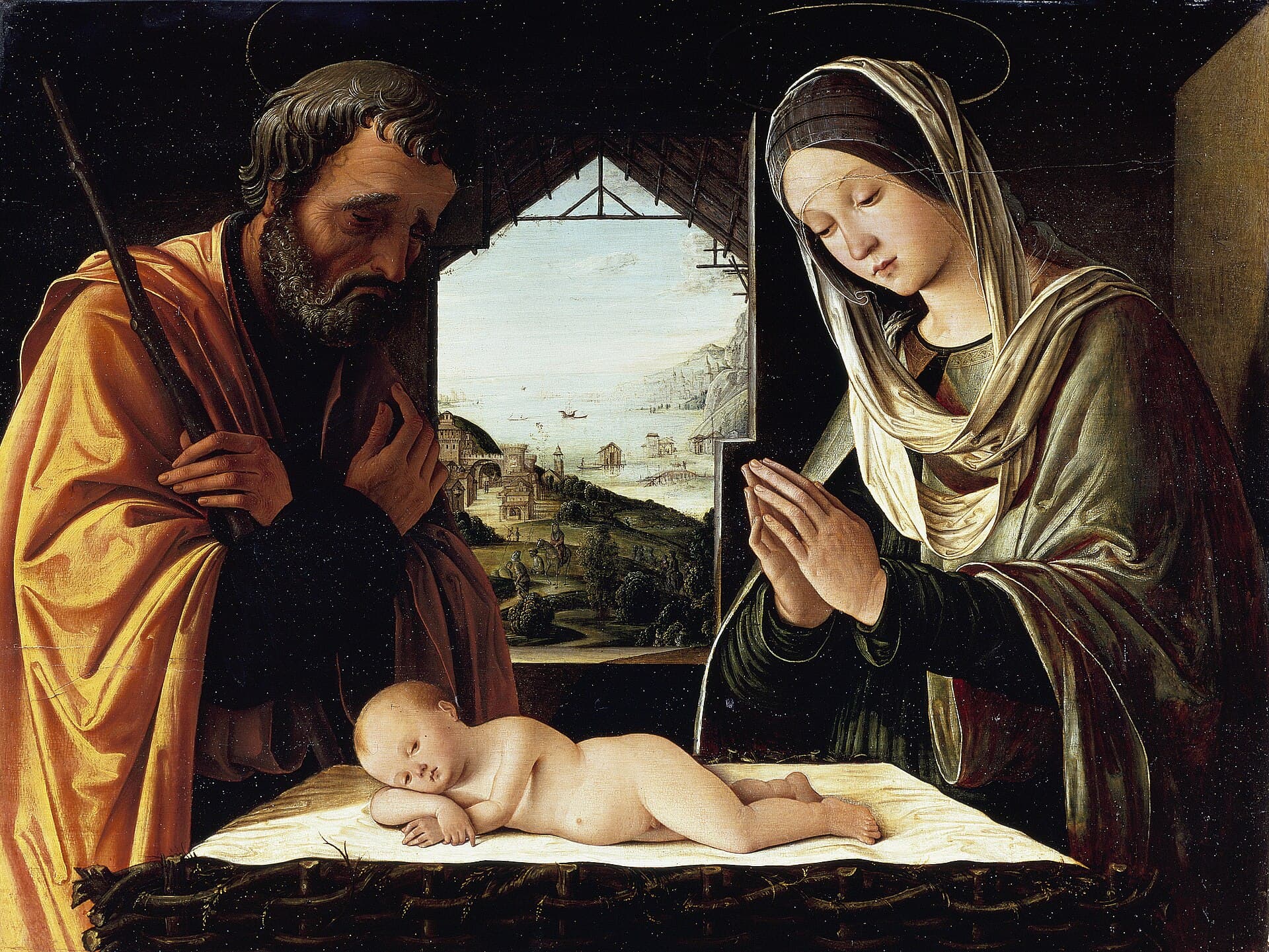 Pintura renascentista da Natividade com Maria, José e o Menino Jesus, a Sagrada Família