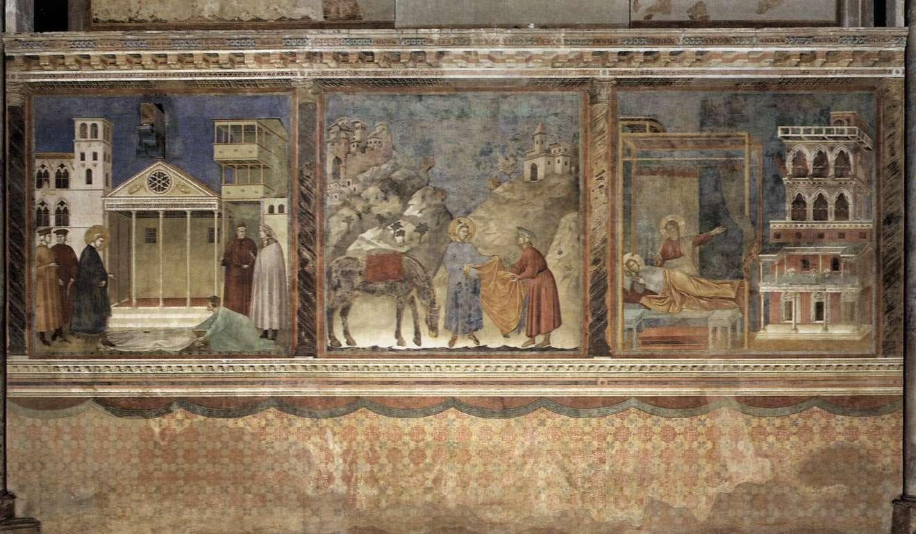 Afrescos atribuídos a Giotto com cenas da vida de São Francisco de Assis, entre elas o santo dando seu manto a um pobre